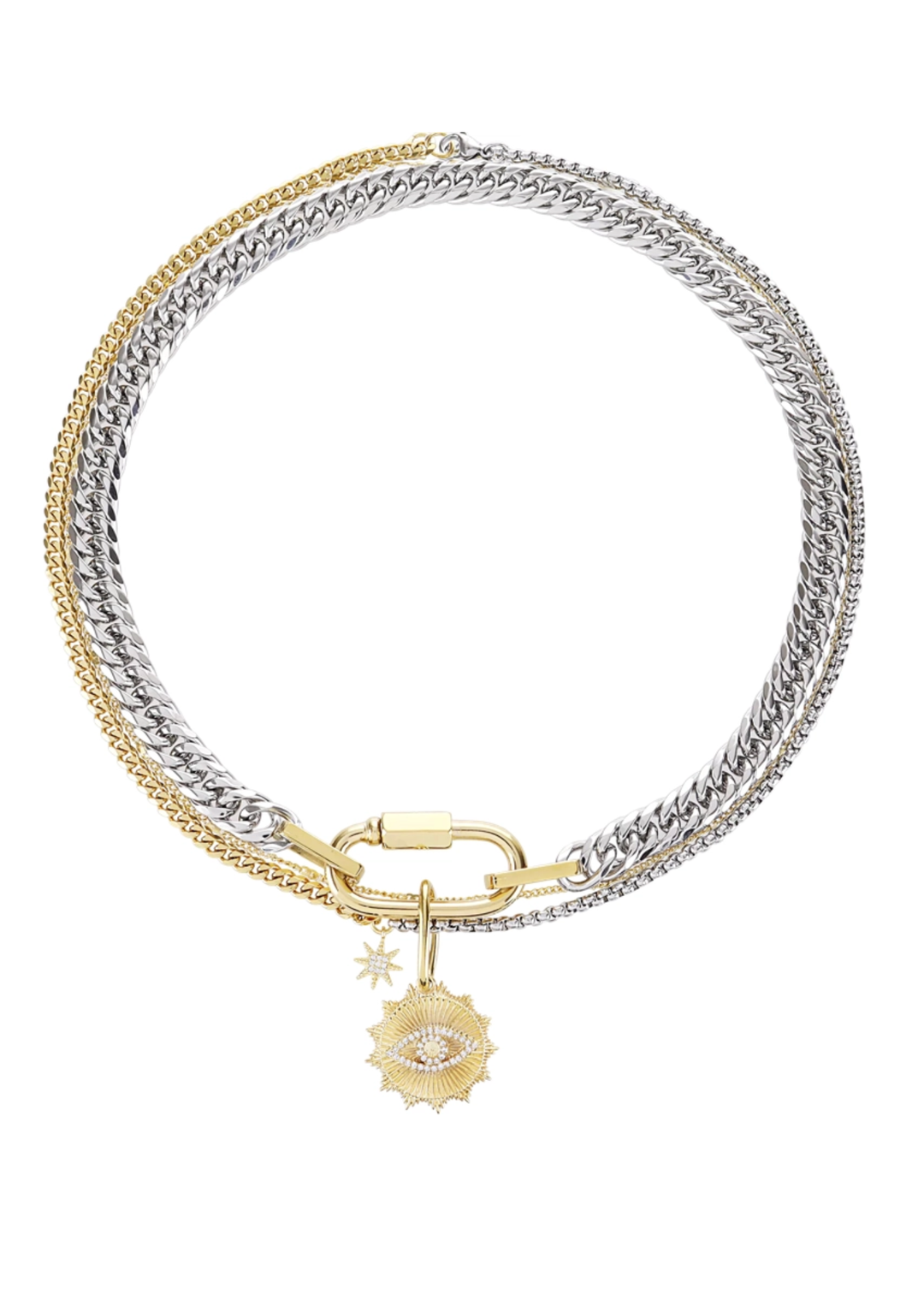 Gold and silver two toned 3 strand necklace with and evil eye and star charm