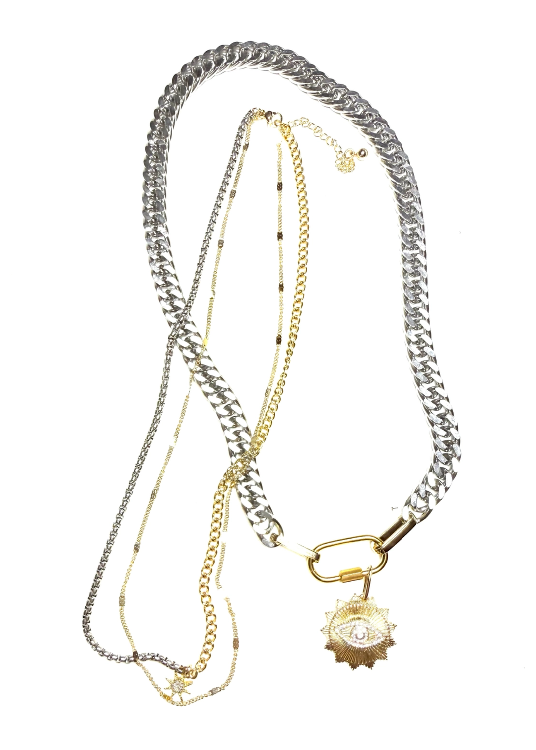 Gold and silver two toned 3 strand necklace with and evil eye and star charm
