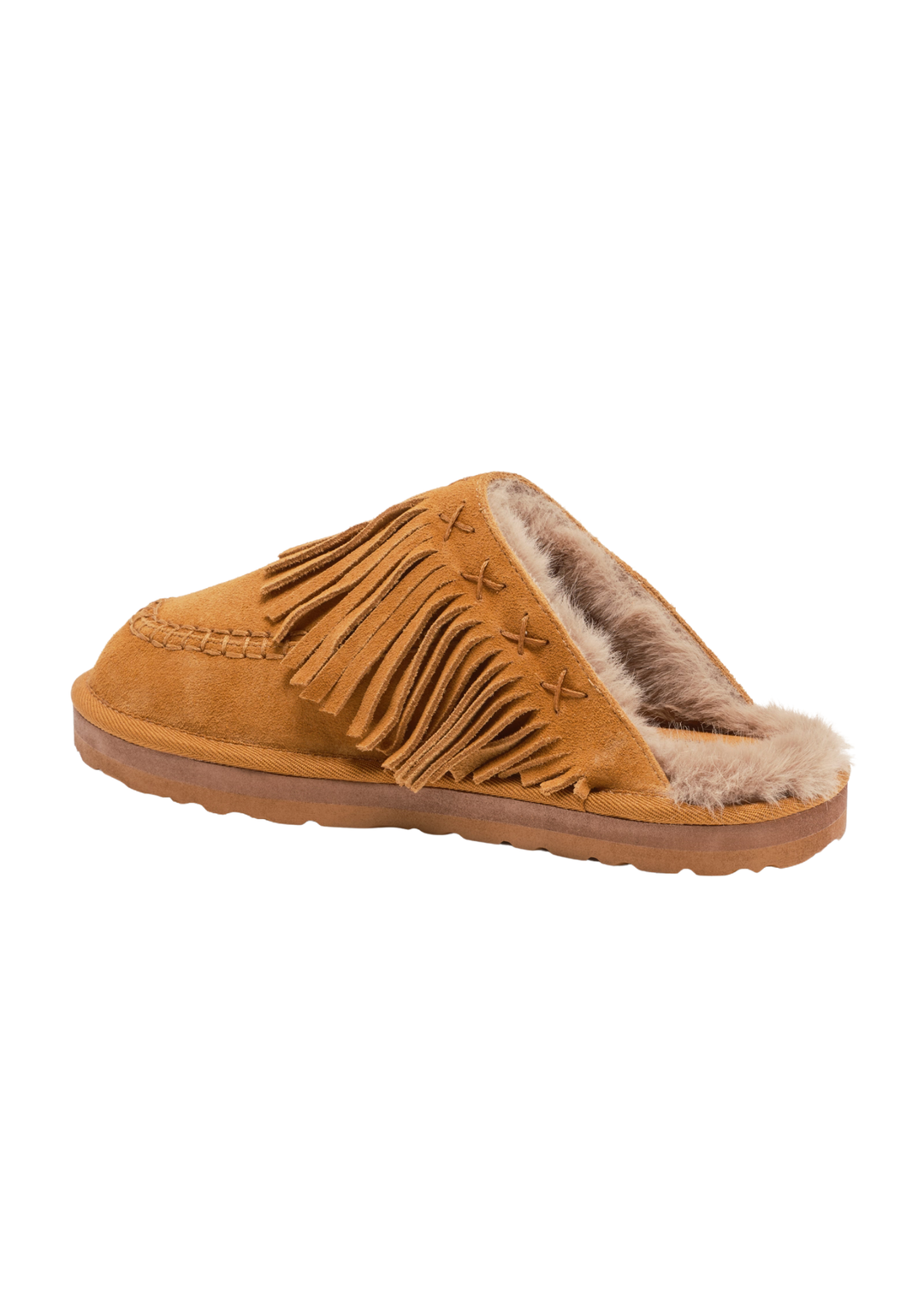 Tan fringe mule on a white background