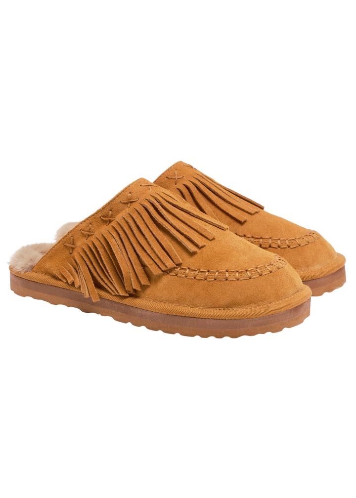 Tan fringe mules on a white background