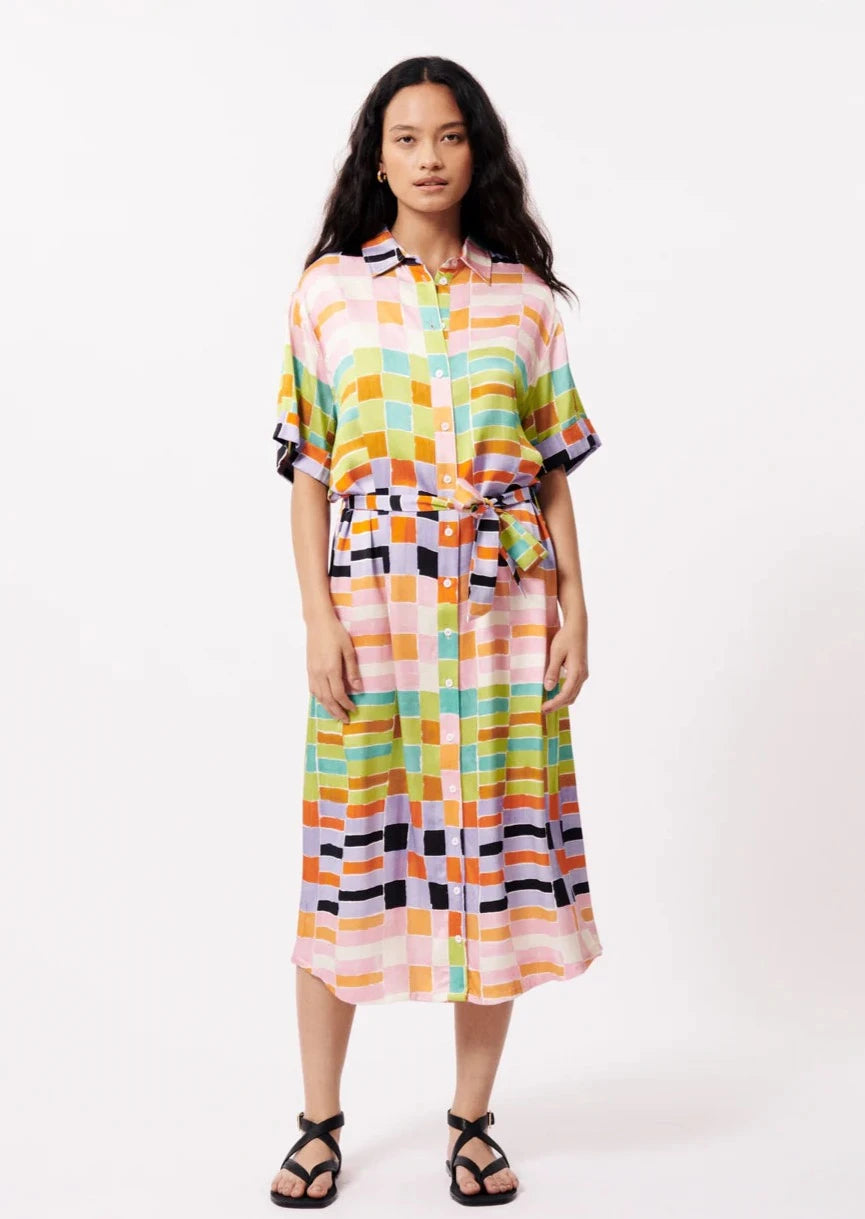 pink, blue, green, and orange geometric stripe pattern midi length dress with buttons down the front, collar, relaxed short sleeves, and flattering waist tie