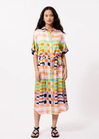 pink, blue, green, and orange geometric stripe pattern midi length dress with buttons down the front, collar, relaxed short sleeves, and flattering waist tie