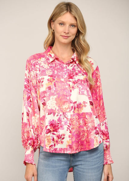 pink floral patchwork print collared button down top with cinched cuff balloon sleeved