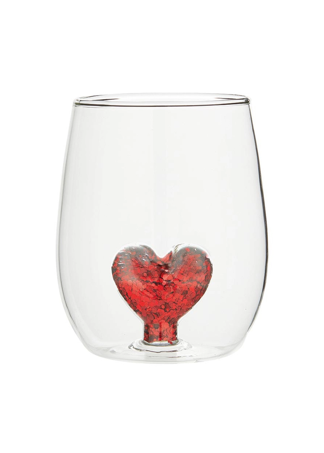 Clear wine glass with a red glitter heart figurine in the center