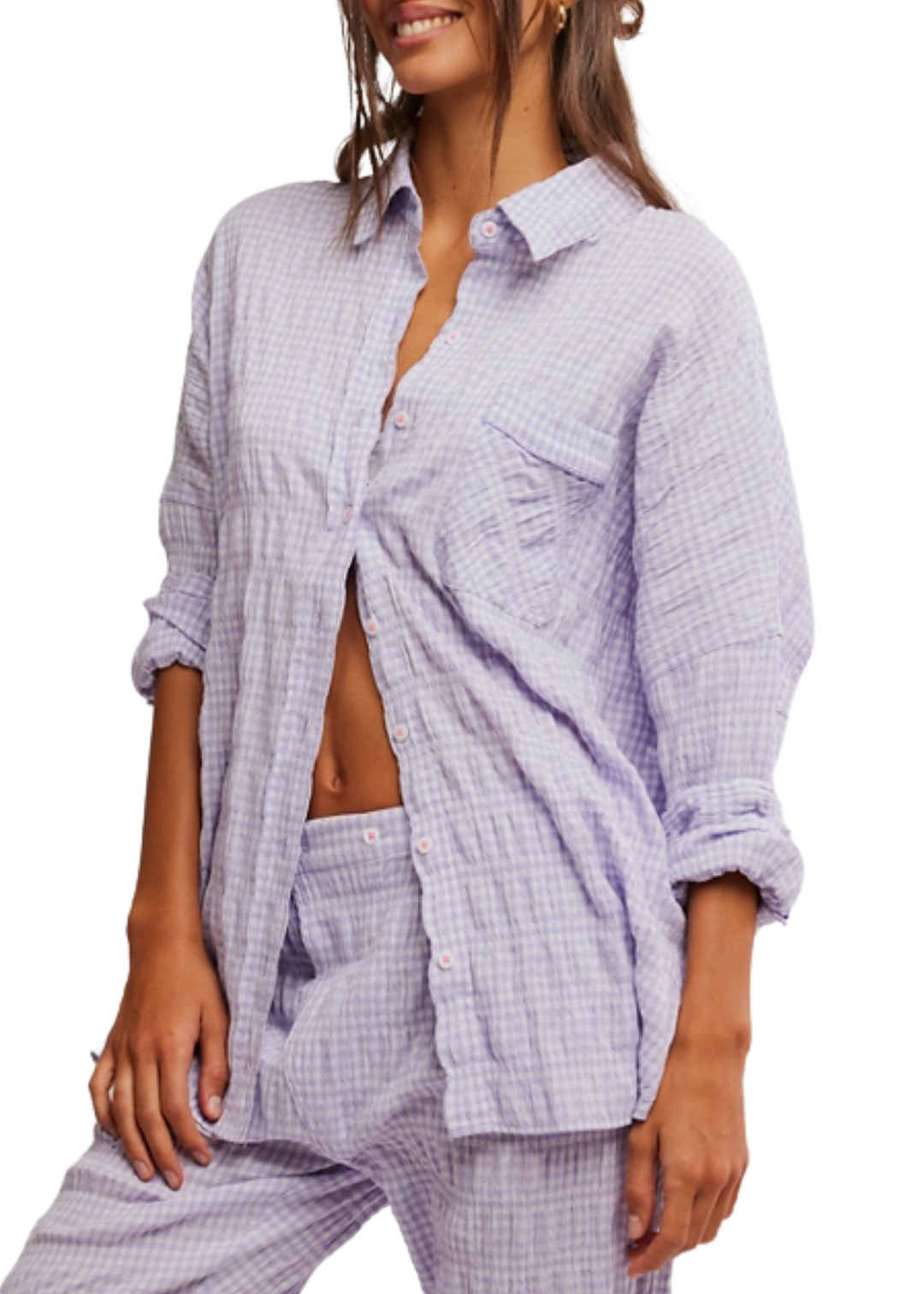 lilac and white gingham textured collared button down top from Free People