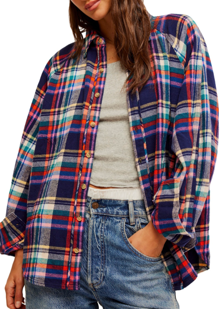 blue, red, purple, yellow plaid collared button down flannel