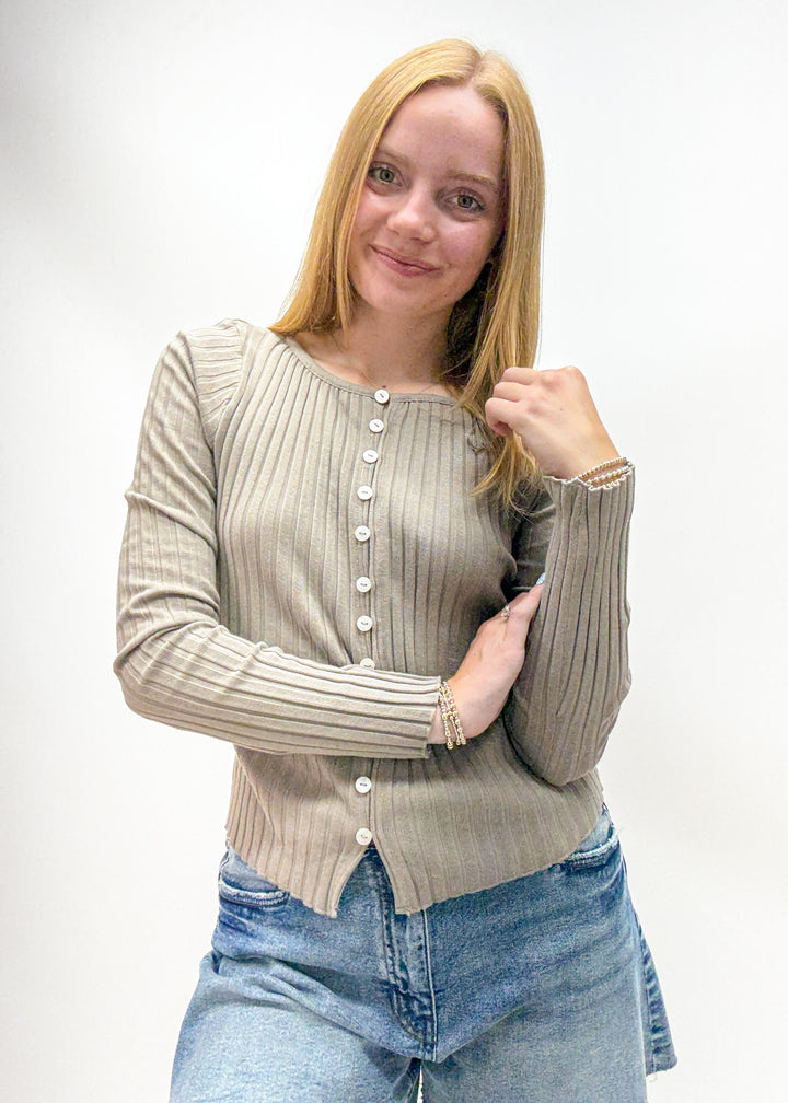 Women's Grey Taupe long sleeve button down cardi top