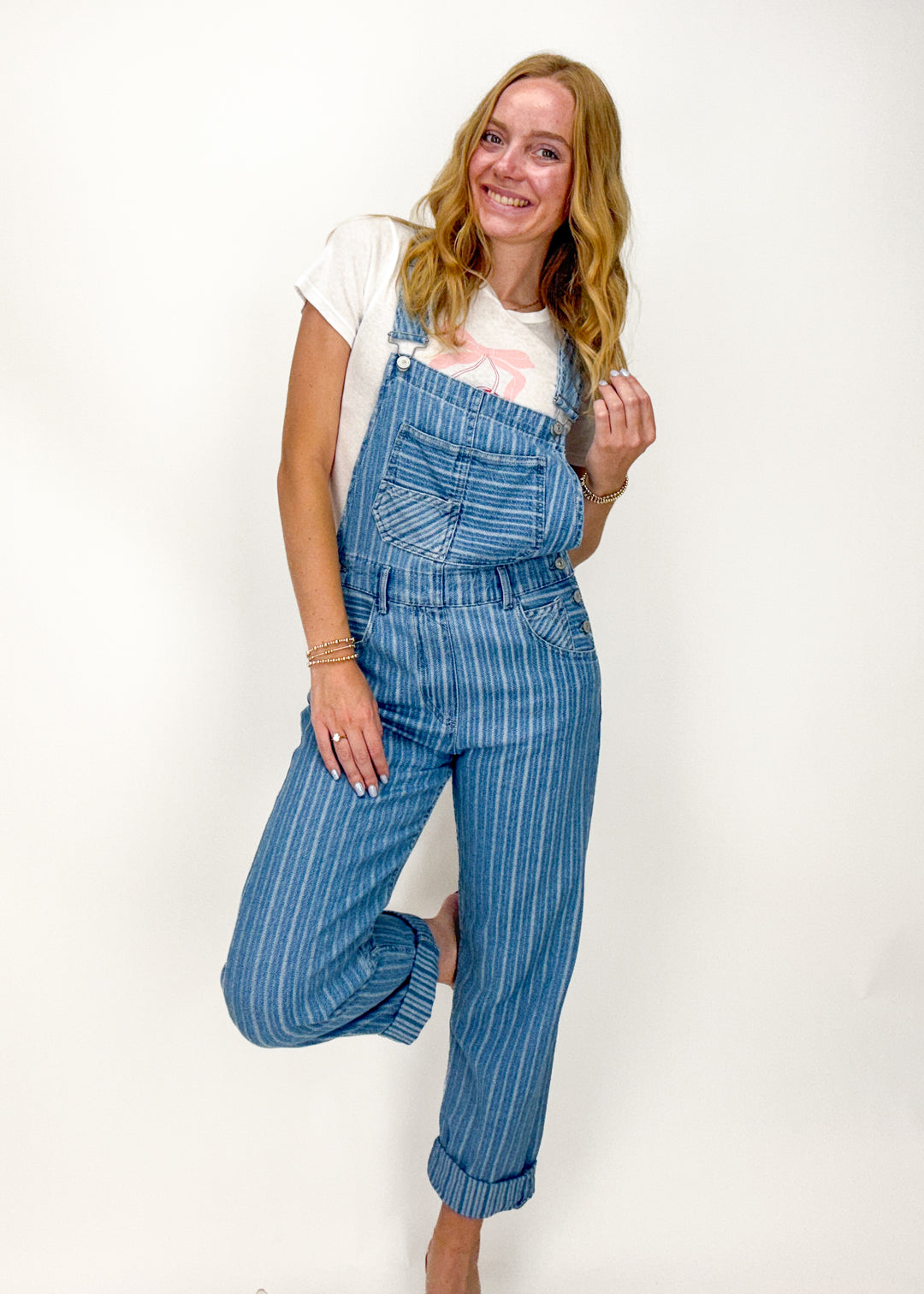 Women's denim blue and white pinstripe overalls