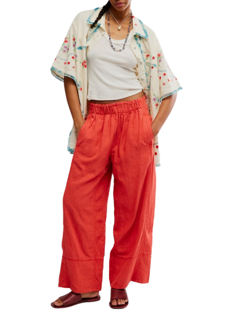 Free People Days End Linen Pull On Pant - Poppy Red