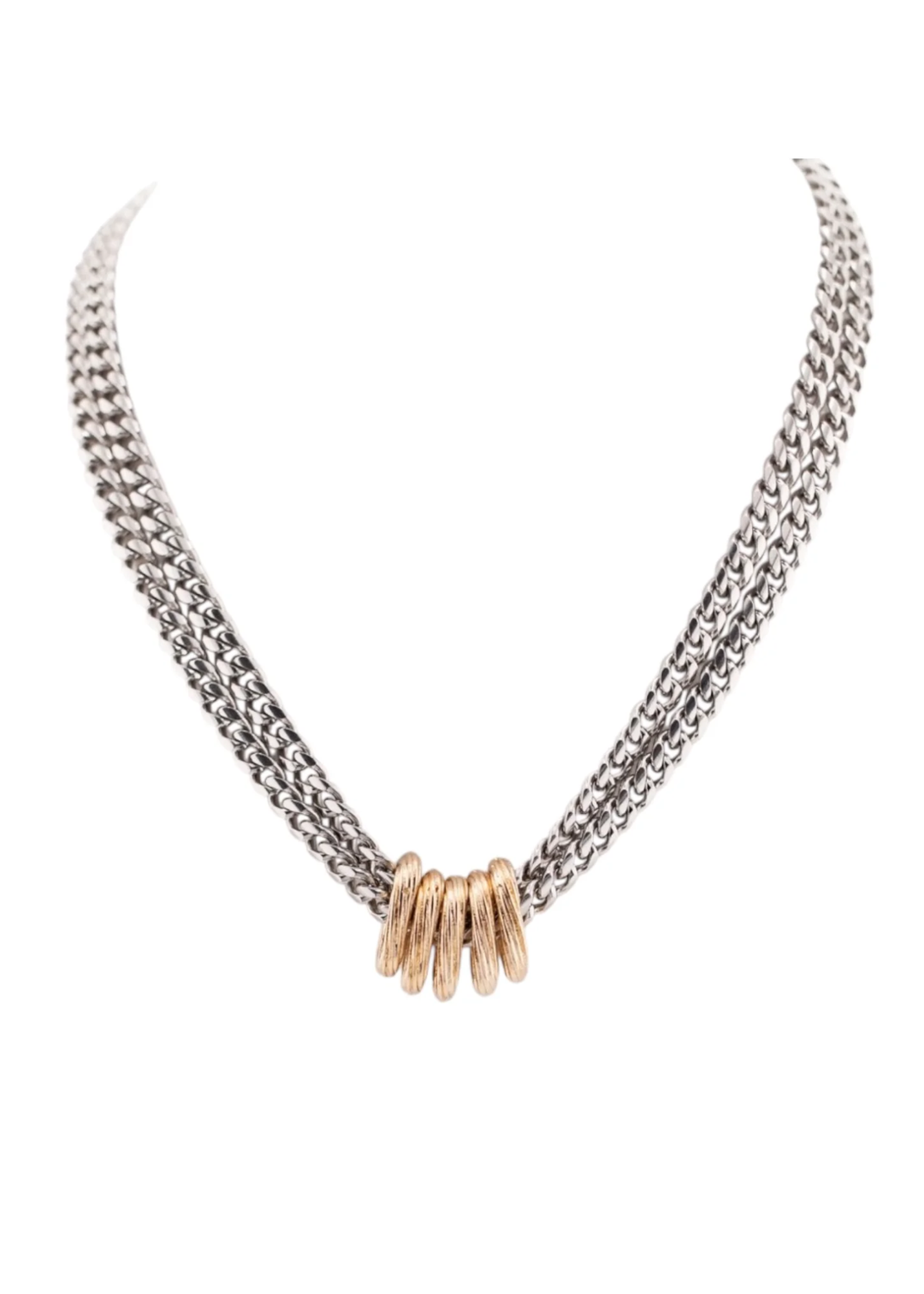 Silver double chain necklace with gold rings on a white background