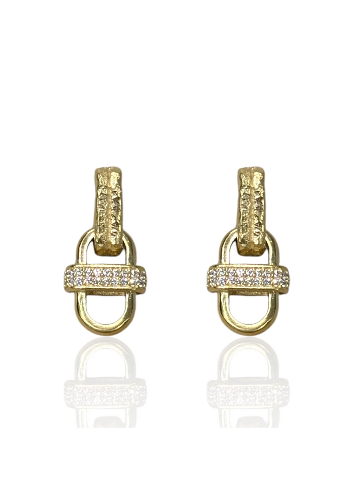 Gold link dangle earrings with pave CZ details