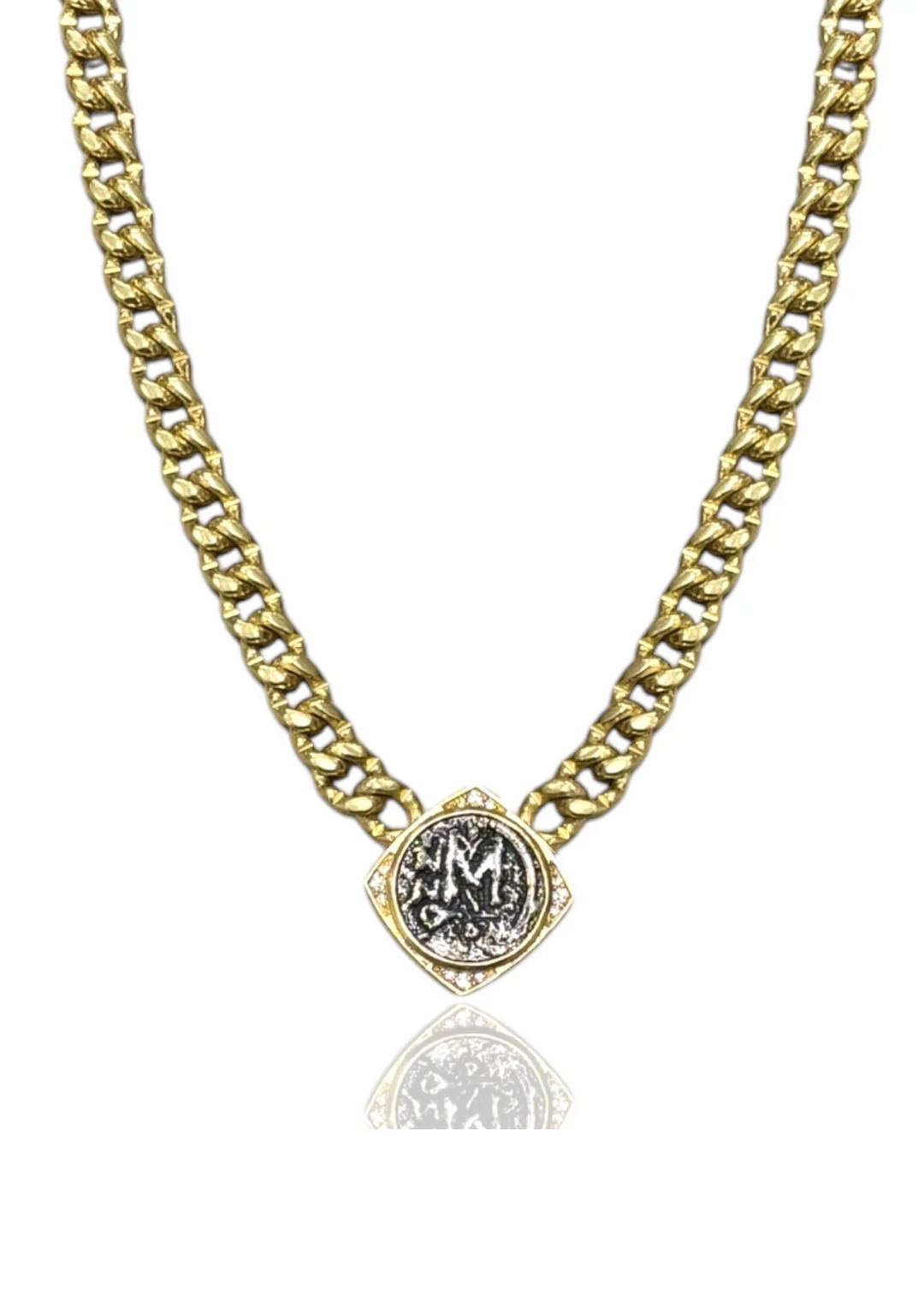 Women's gold chain necklace with a sterling silver replica coin pendant