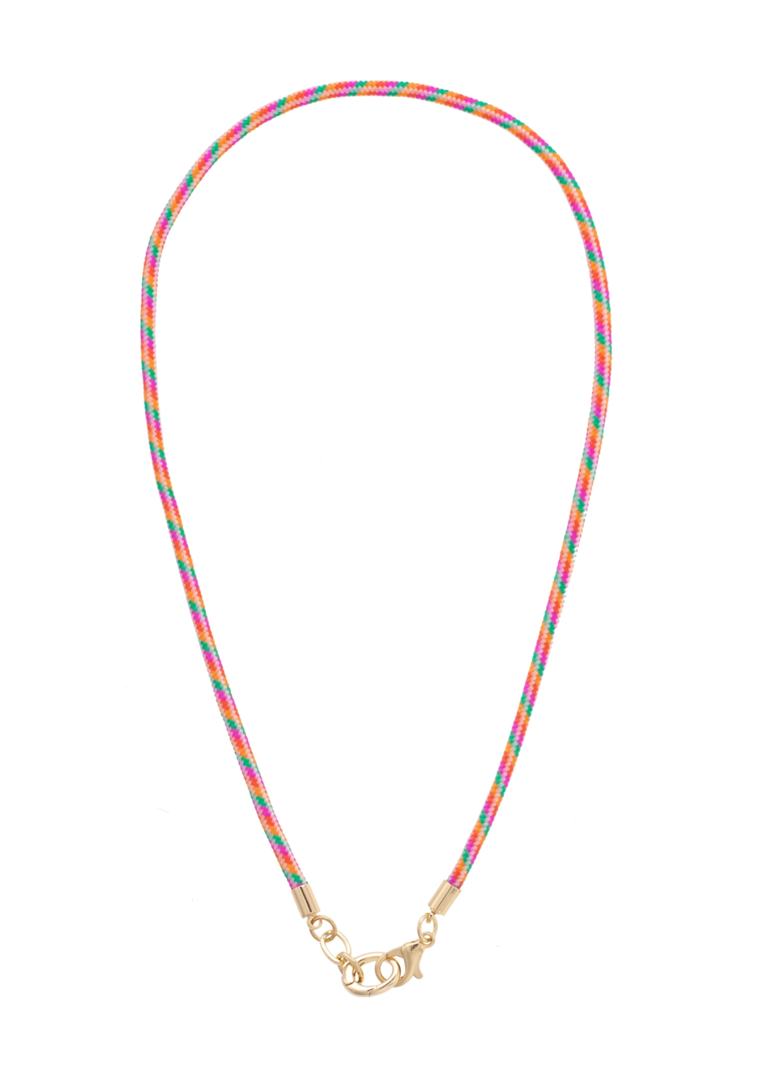 Pink and multicolor paracord charm necklace with a gold clasp on a white background