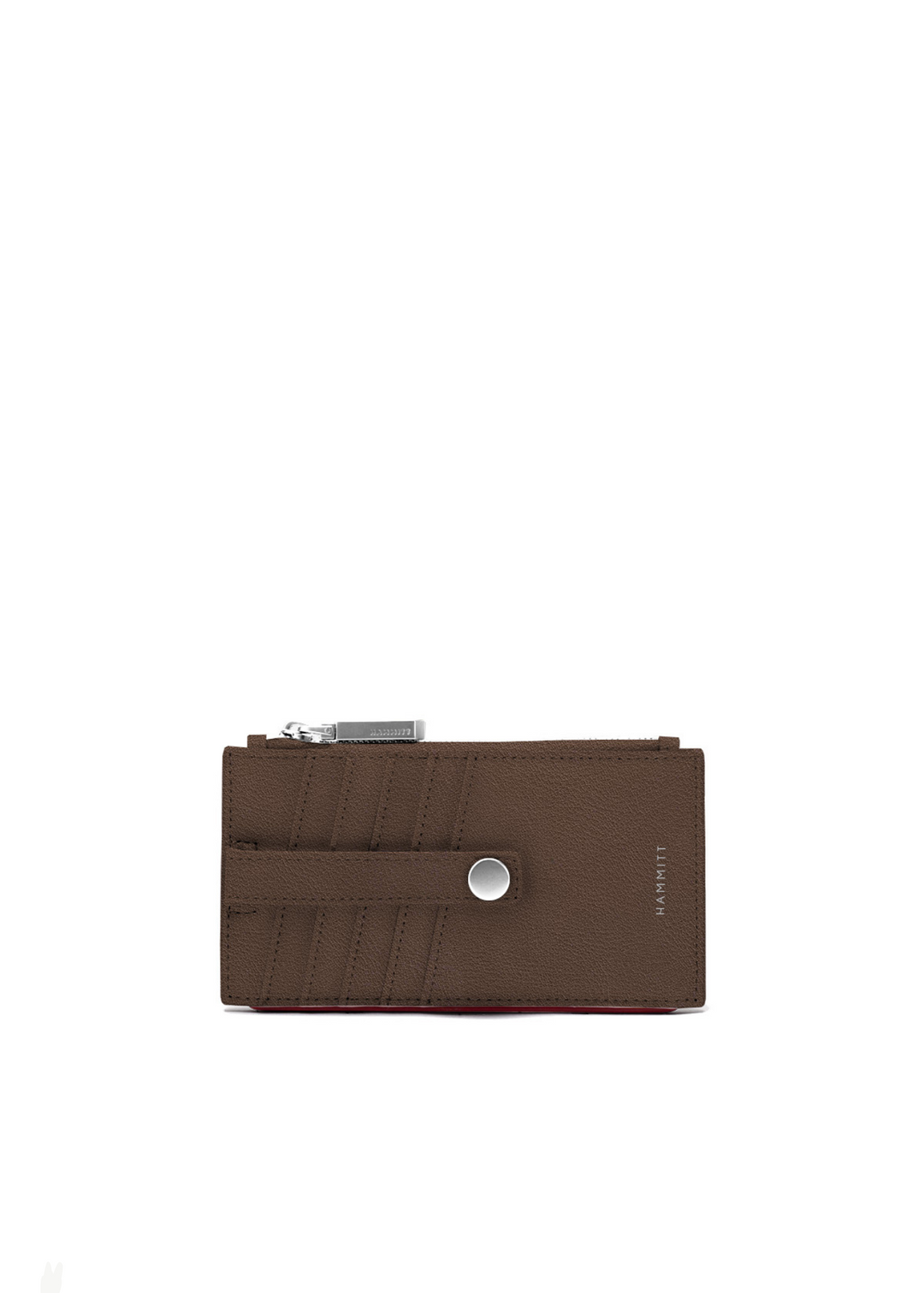 A brown wallet with a silver button and zipper on a white background