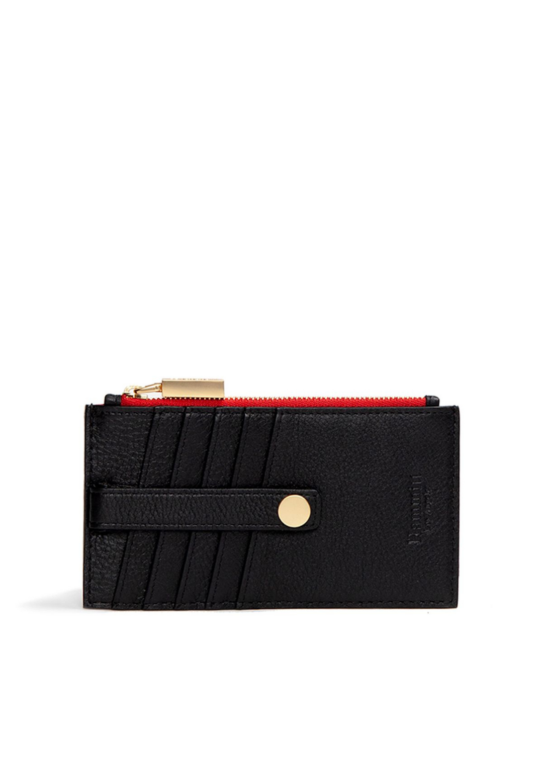 black wallet with red zipper and gold hardware