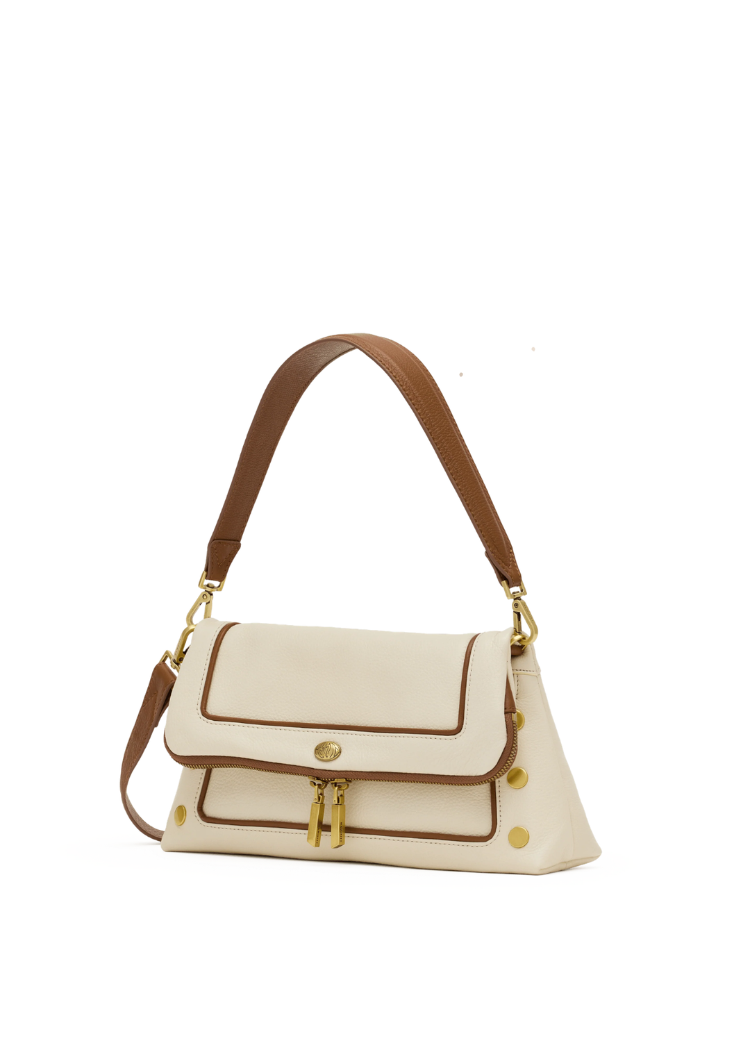 White leather purse with brown trim and gold accents