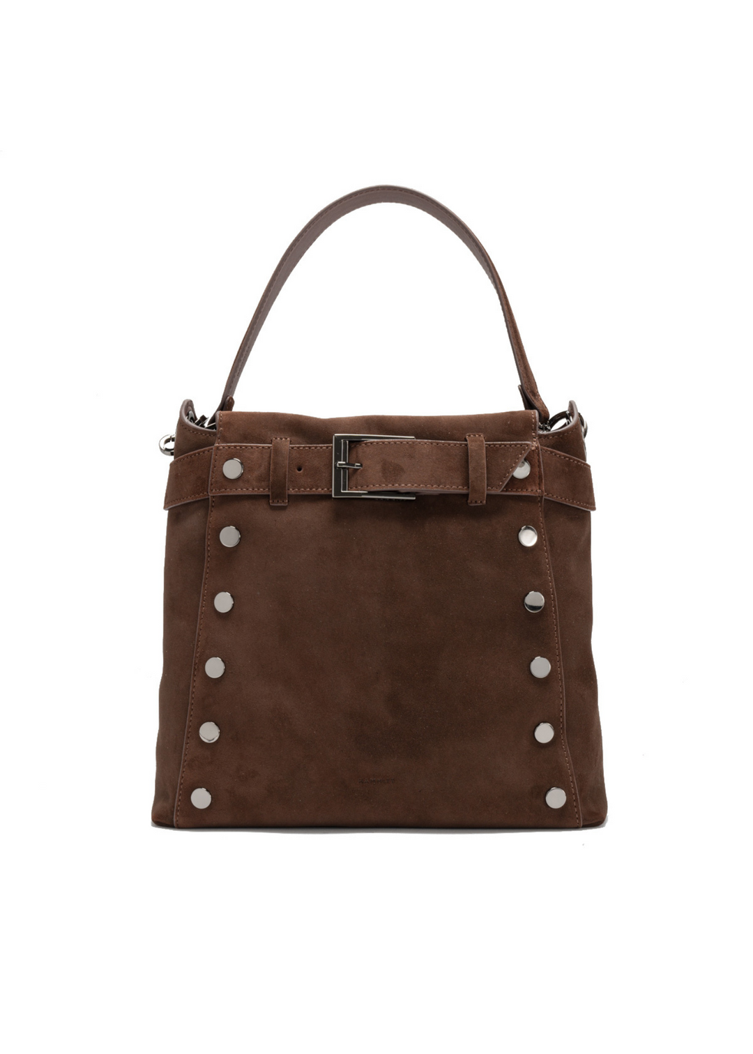 Large brown suede purse with silver accents on a white background