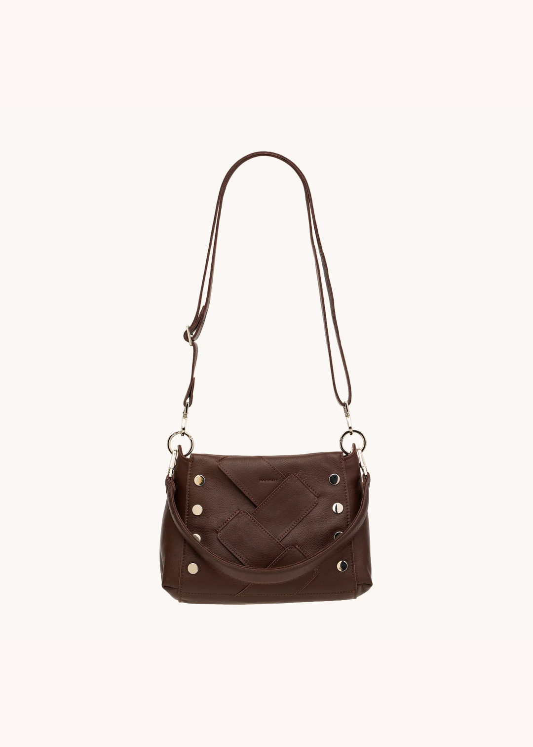 Brown leather woven purse with silver hardware on a white background