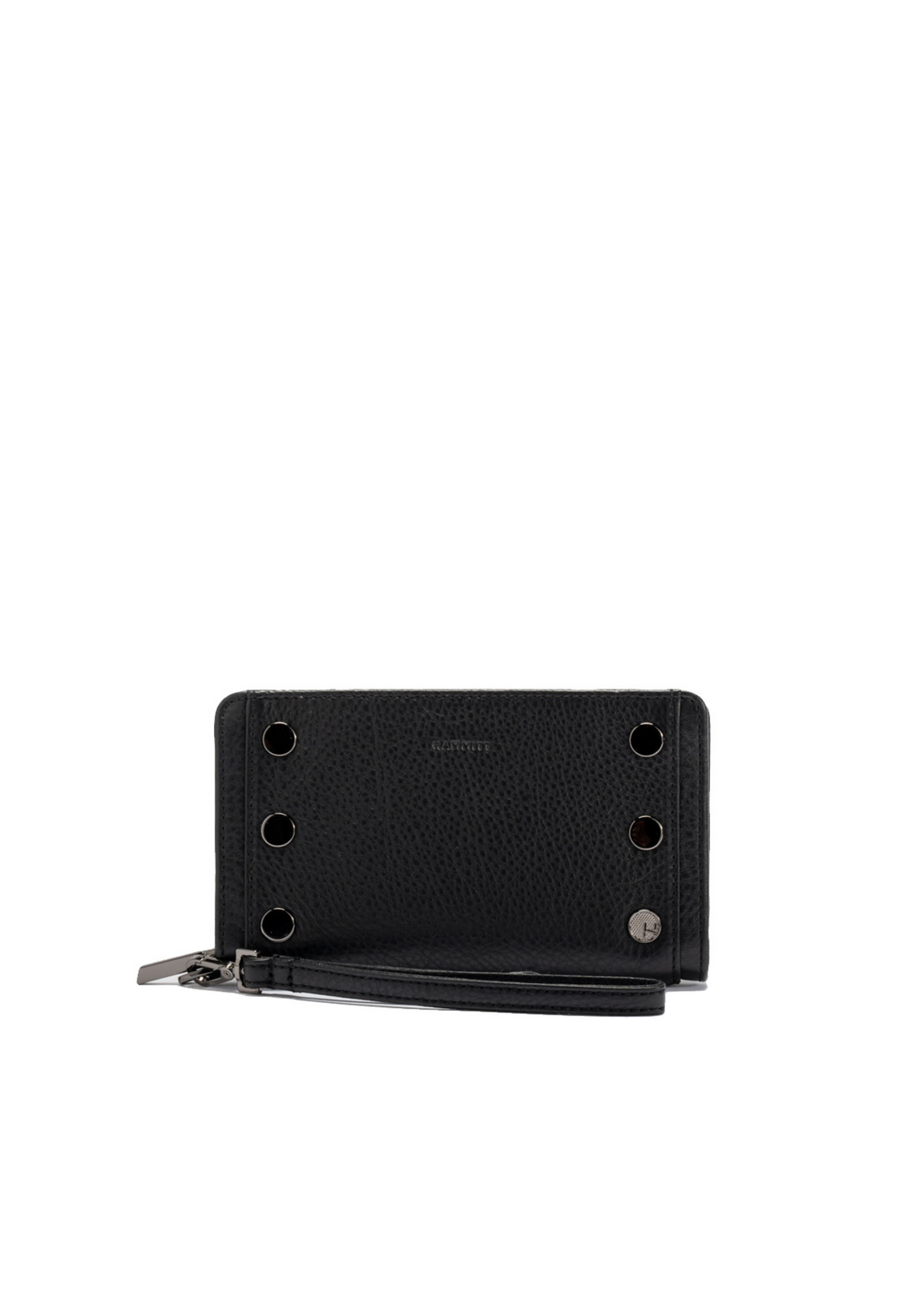 Women's black leather wallet with a detachable handle on a white background