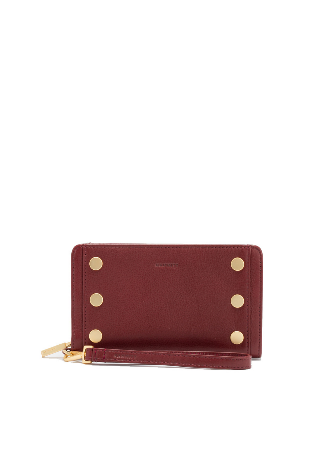 Red/brown leather wallet with a wrist strap and brushed gold accents on a white background