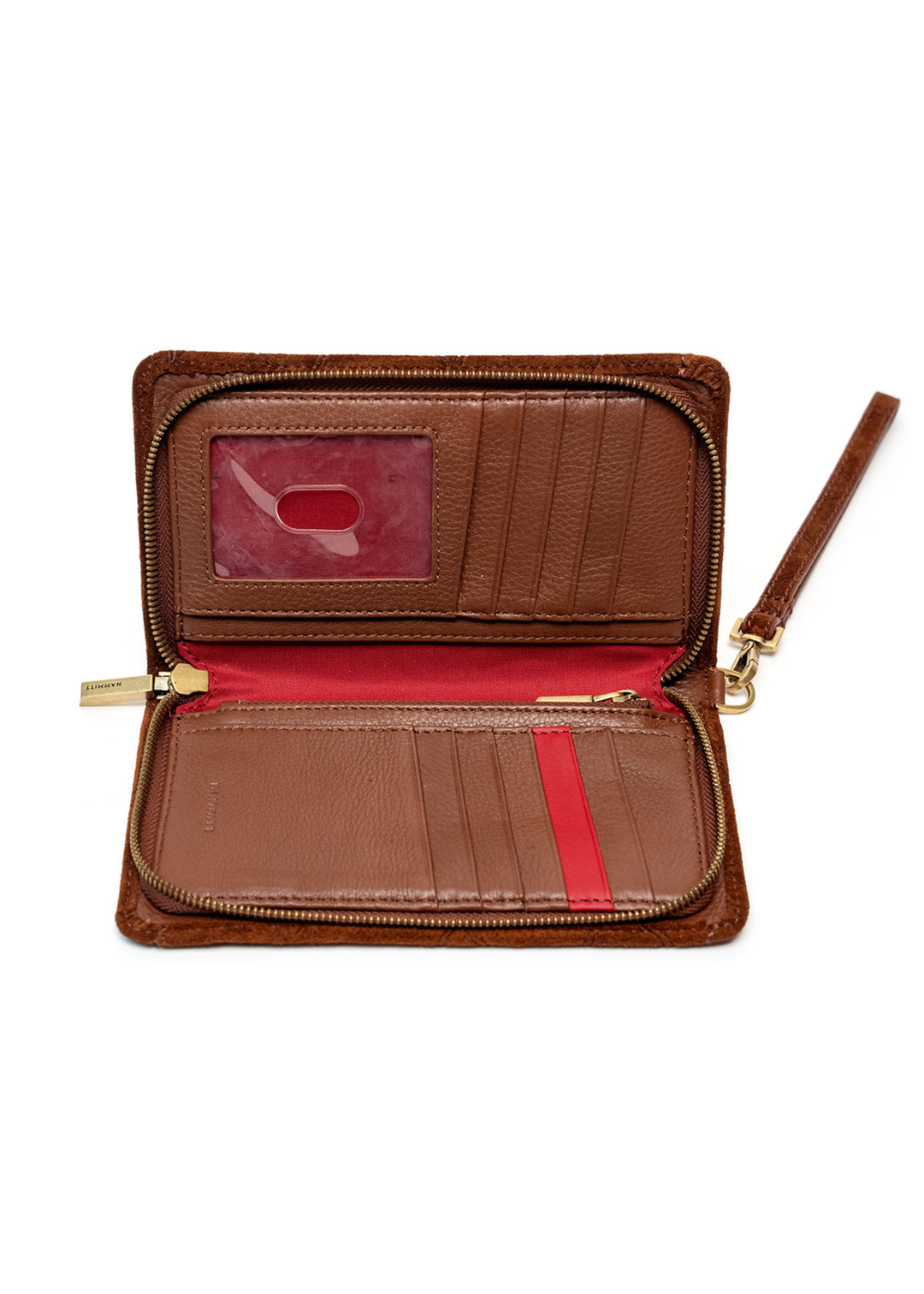 Brown wallet with a red and brown leather interior open on a white background