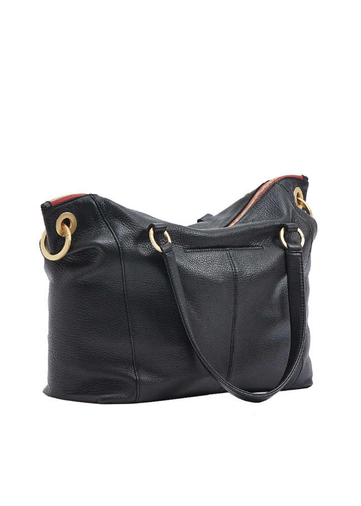 large black leather purse with red zipper lining and gold hardware details