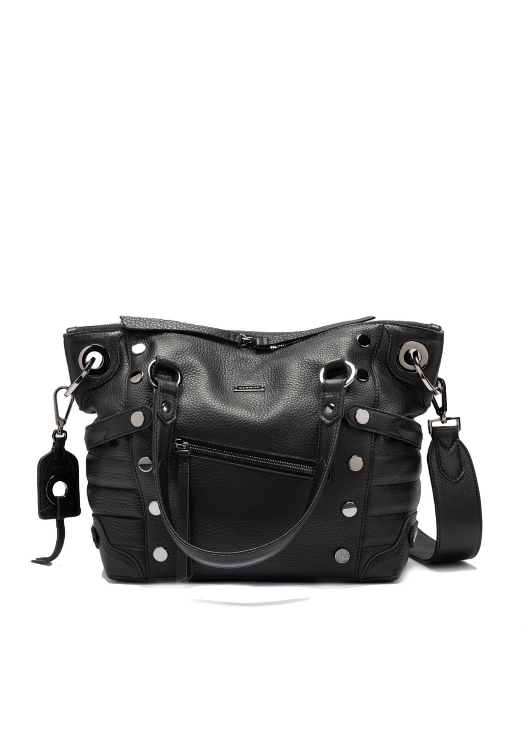 Large black leather purse with gunmetal colored accents on a white background