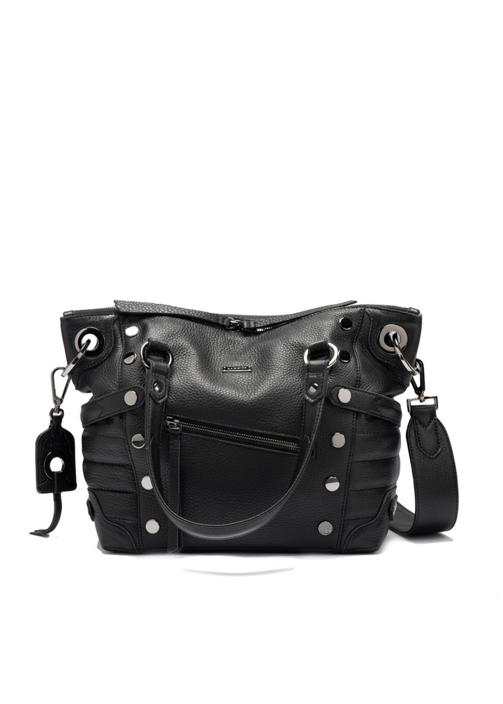 Large black leather purse with gunmetal colored accents on a white background