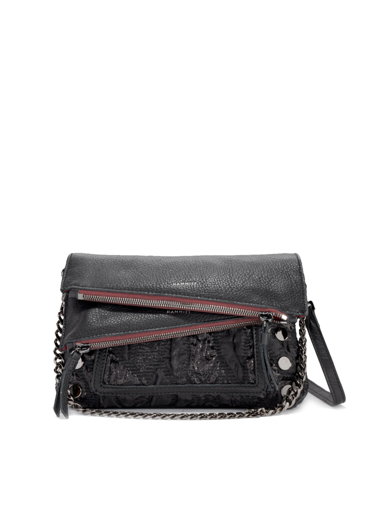 Black handbag with a grey chain on a white background