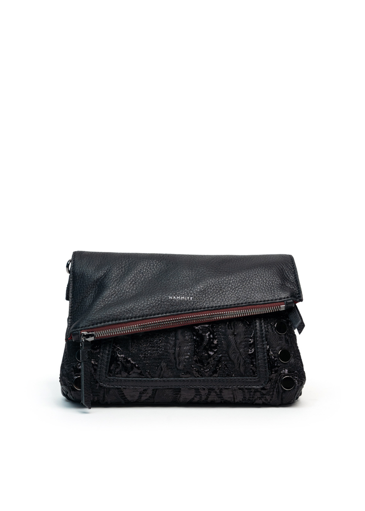 Black handbag with a grey chain on a white background