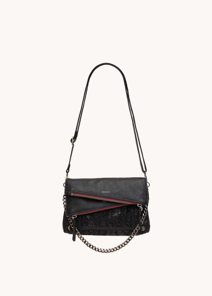 Black handbag with a grey chain on a white background