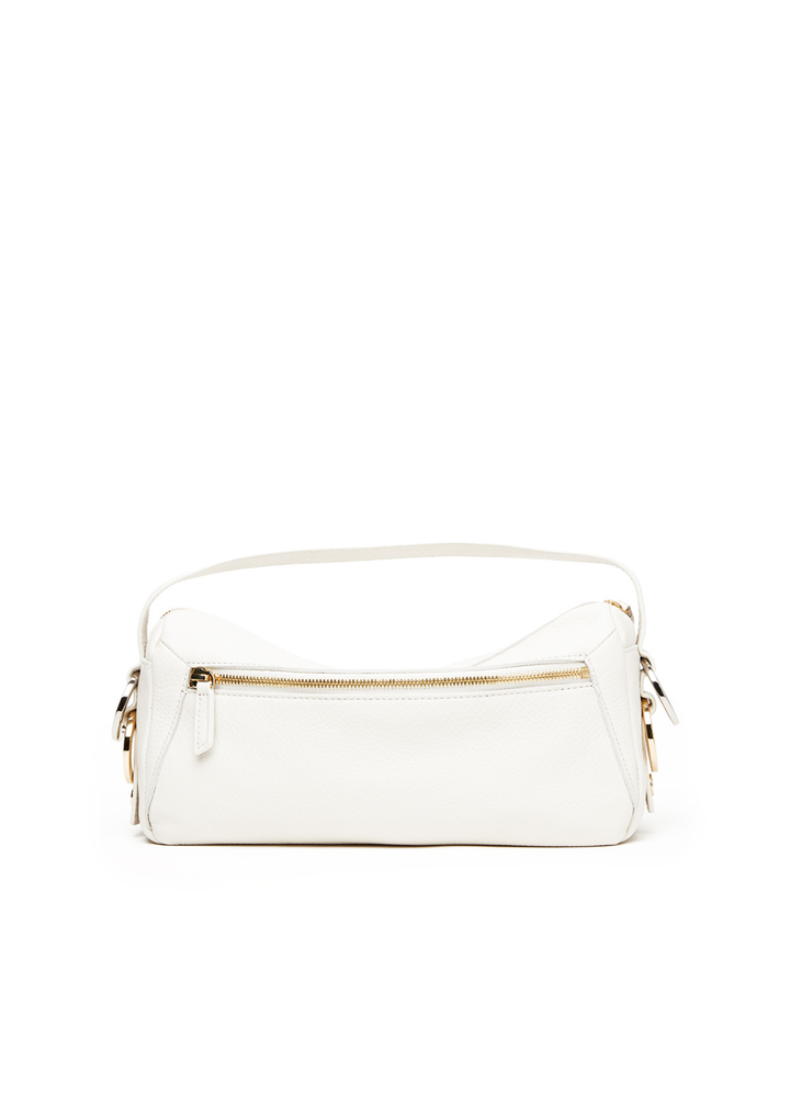 White leather purse with gold and silver hardware accents