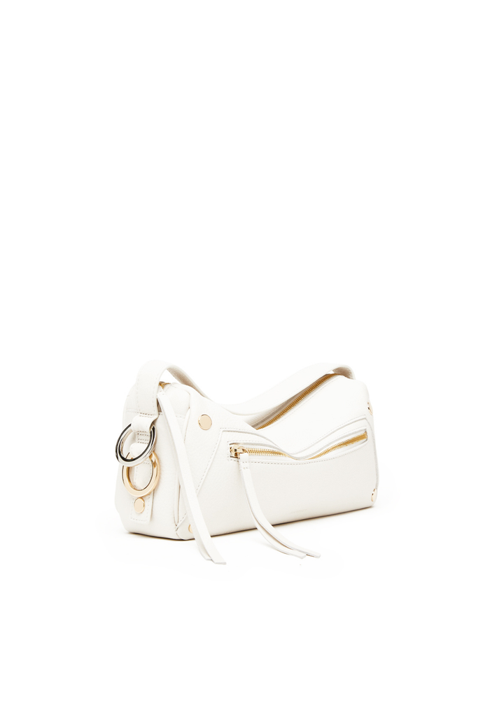 White leather purse with gold and silver hardware accents