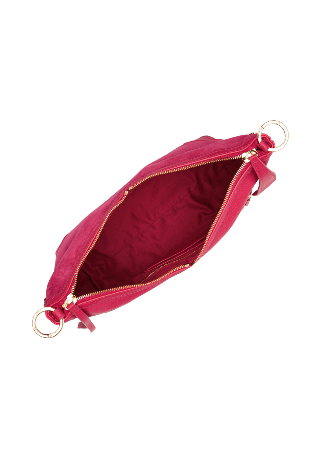 Fuschia suede and leather handbag with gold accents sitting open against a white background