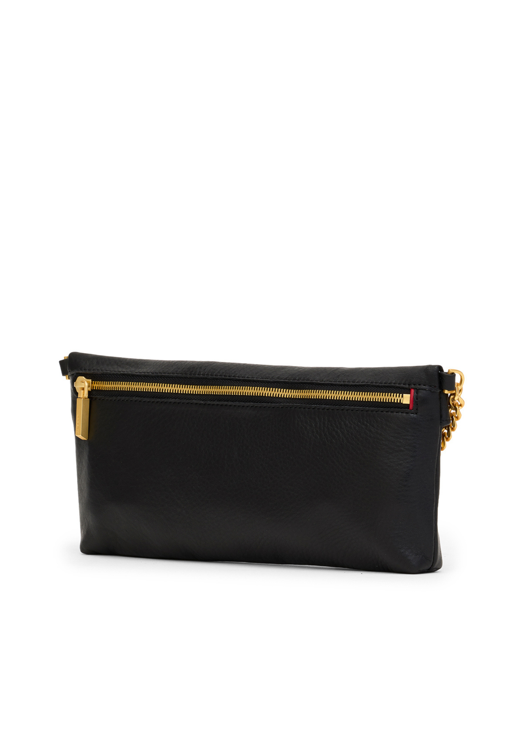 Black leather clutch with a gold zipper on a white background