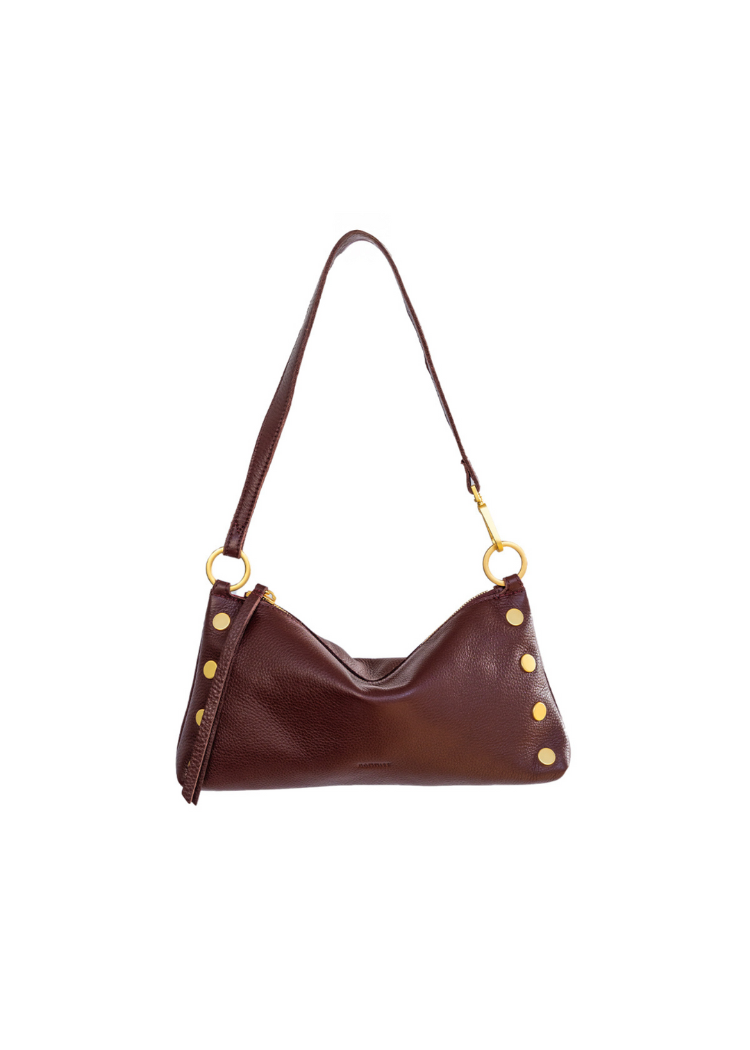 Dark brown leather purse with gold accents on a white background
