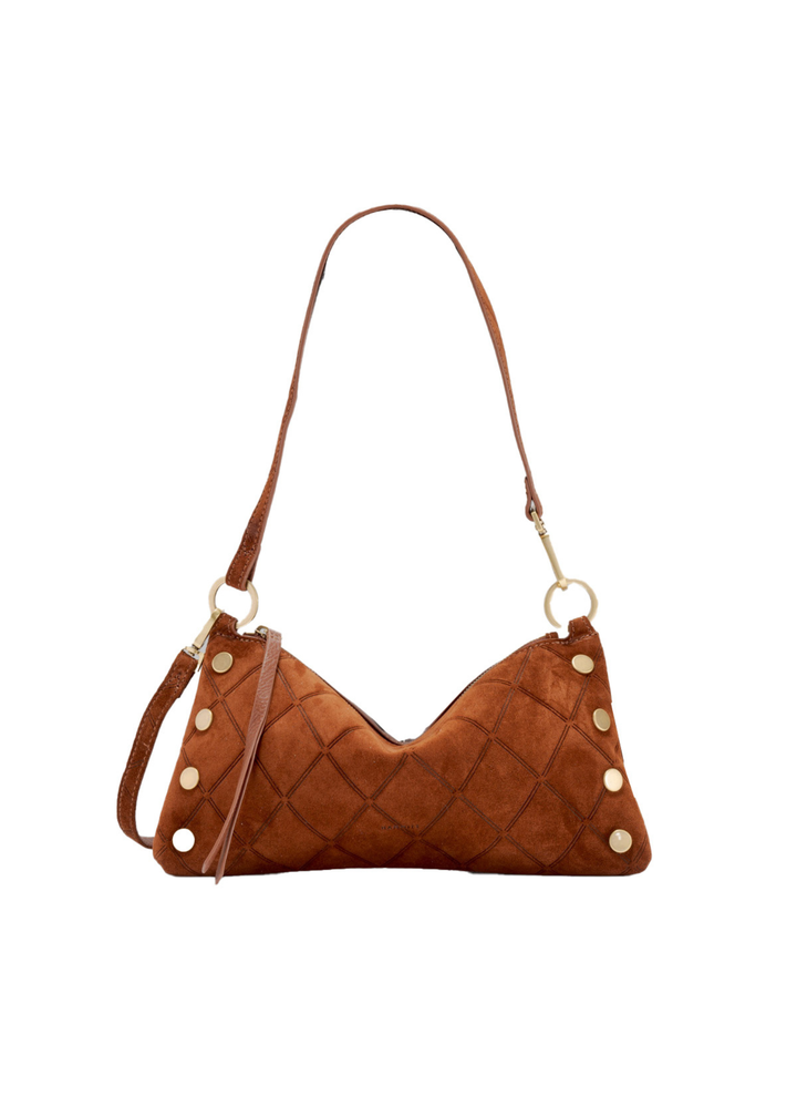 Brown suede purse with gold accents on a white background