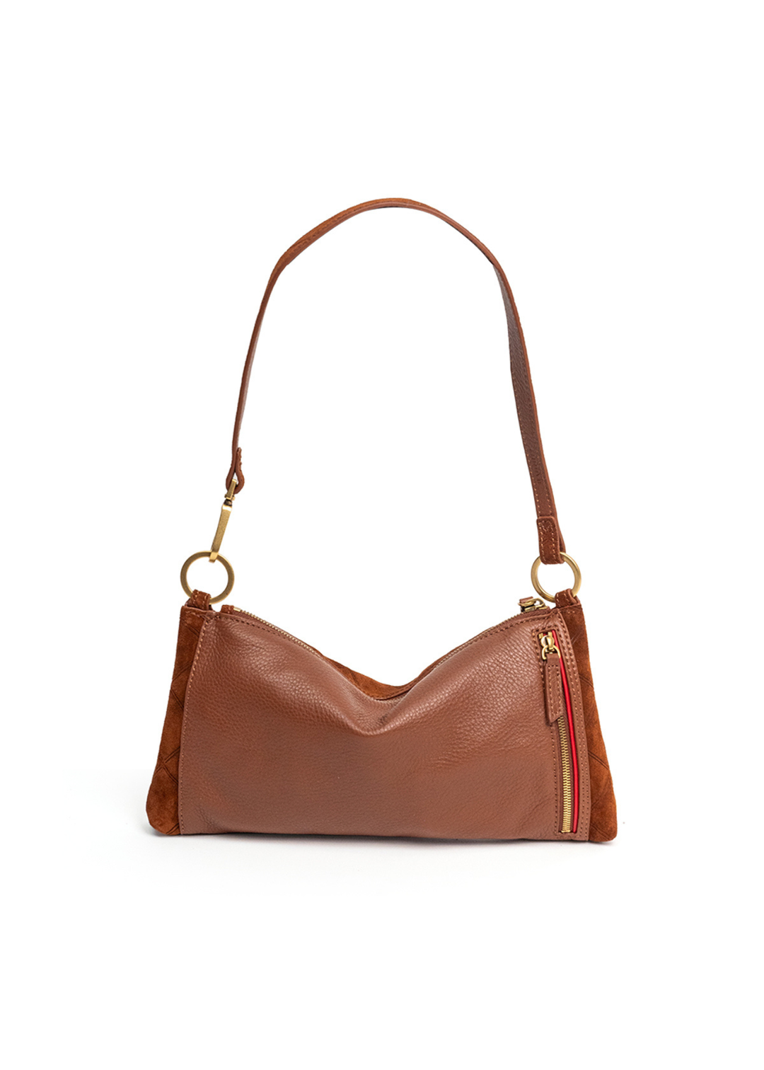 Brown leather purse with gold accents on a white background