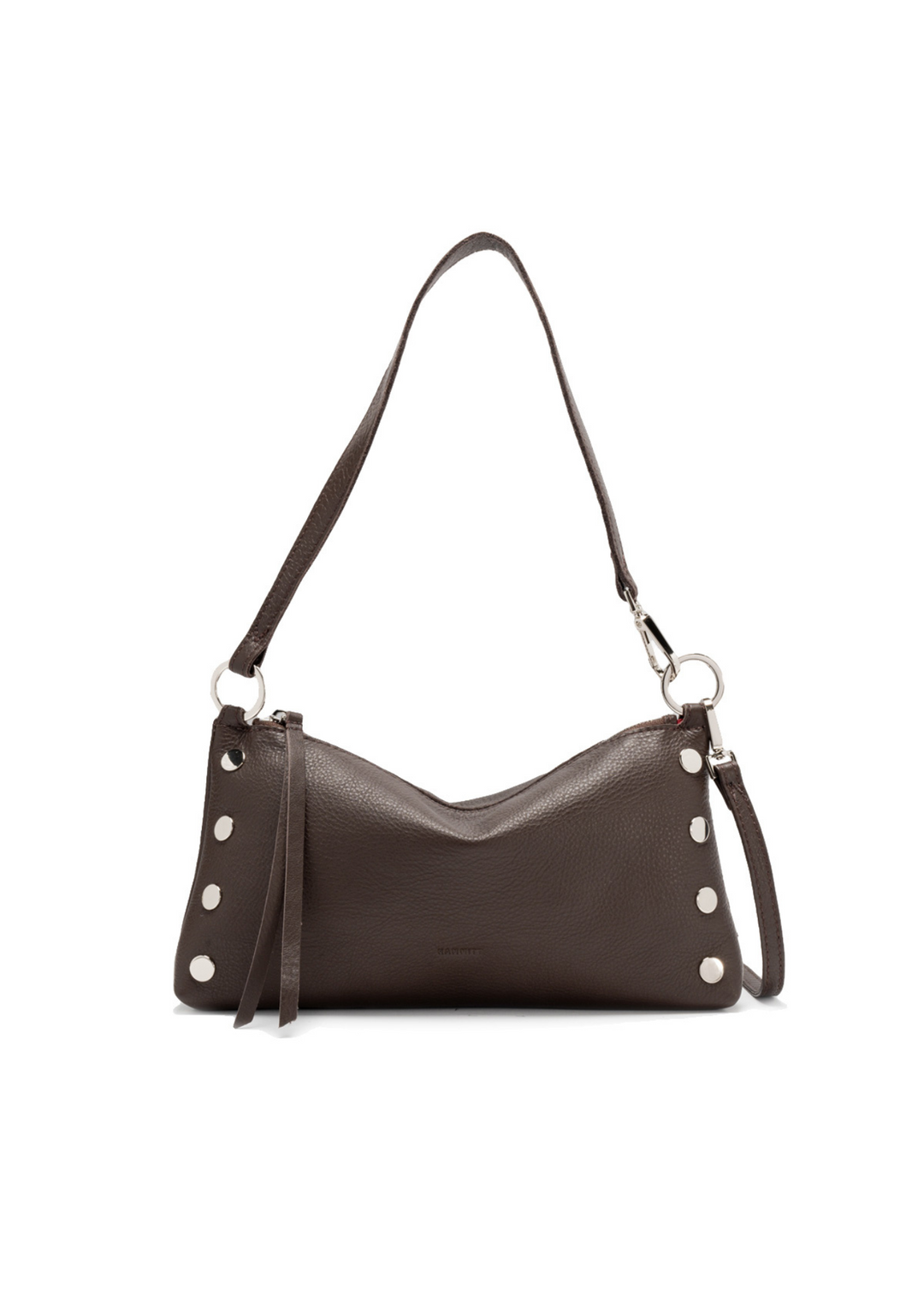 Dark brown handbag with shiny silver studs in front of a white background
