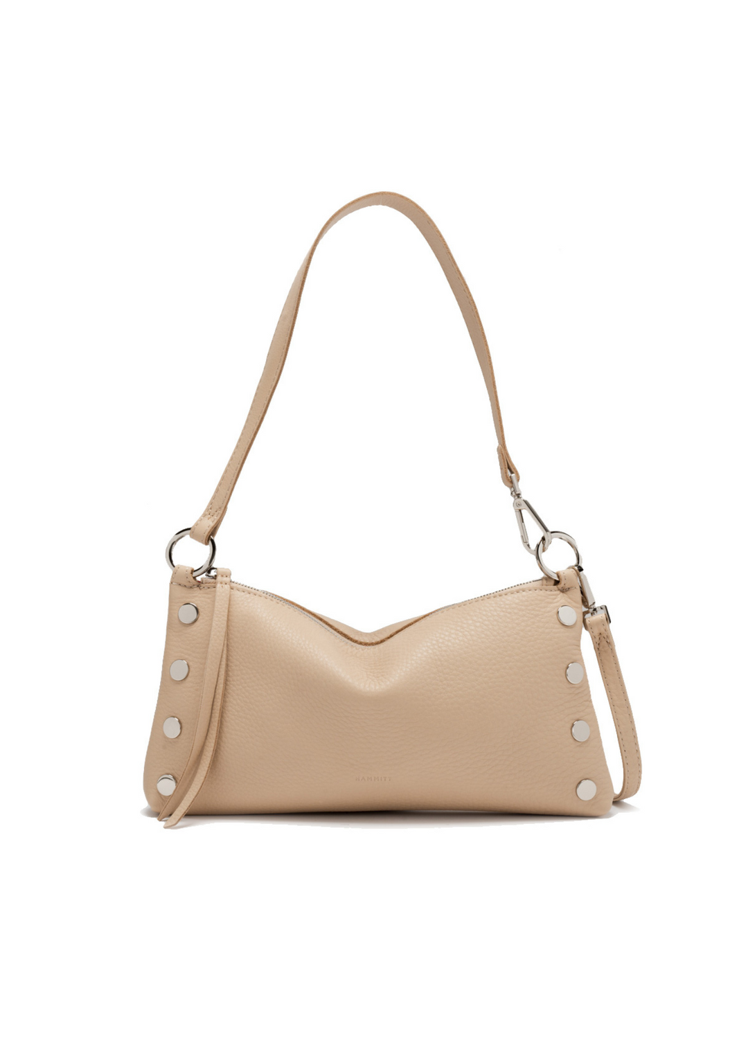 Women's tan purse with silver accents on a white background