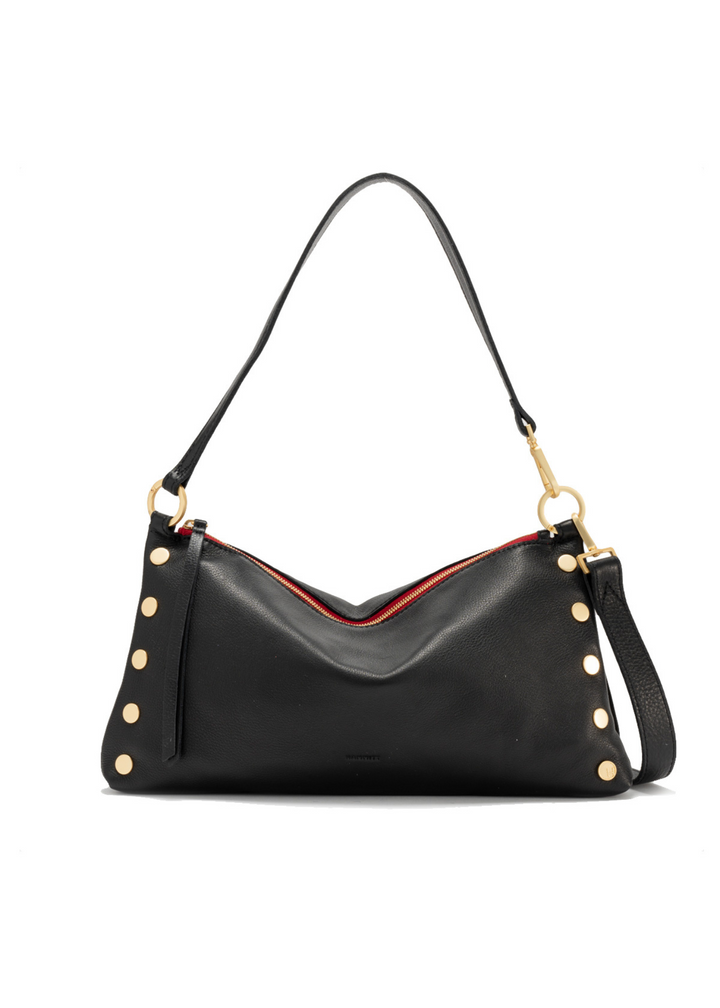 Women's black leather handbag with brushed gold details and a red zipper lining