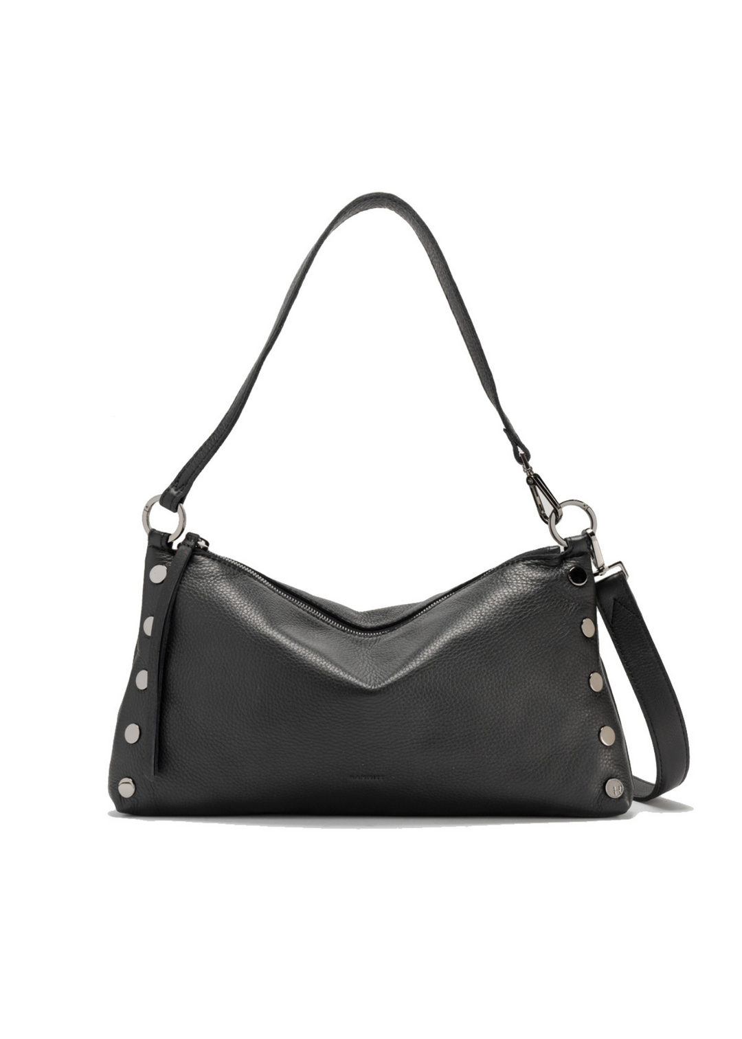 Women's black leather handbag with gunmetal details and zipper