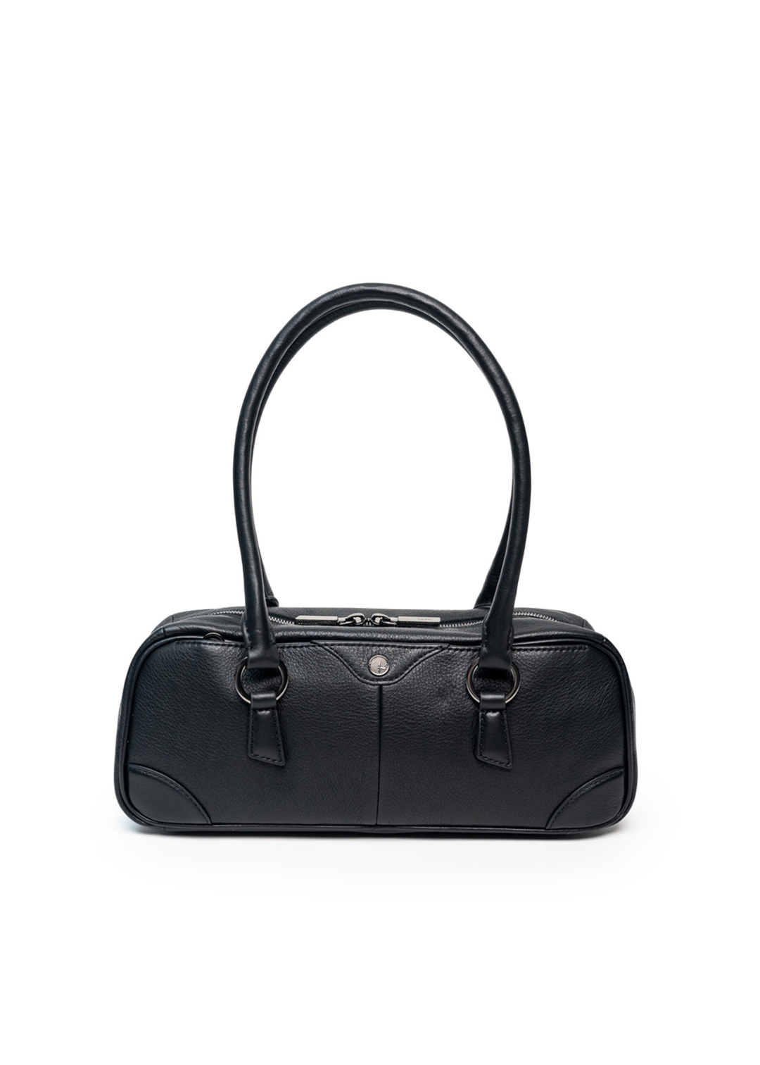 Black leather handbag on a white background