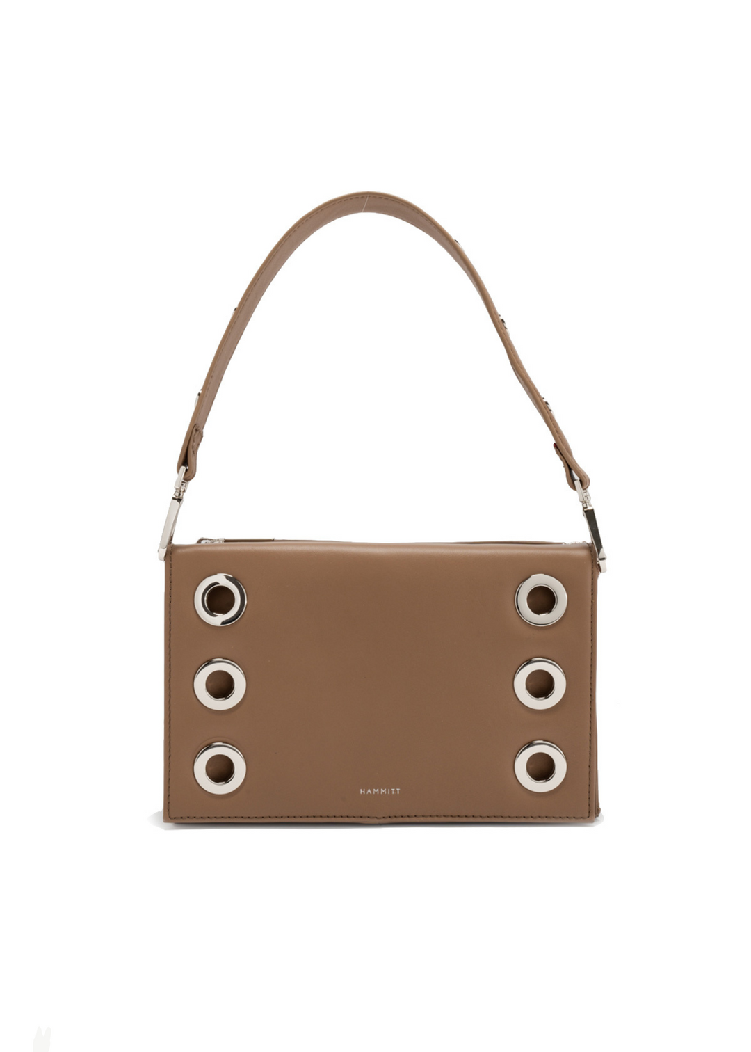 Brown leather purse with silver metal round details and zipper