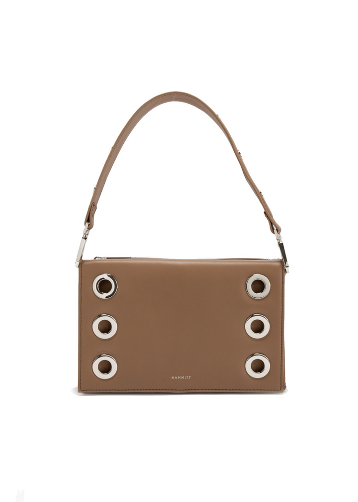 Brown leather purse with silver metal round details and zipper