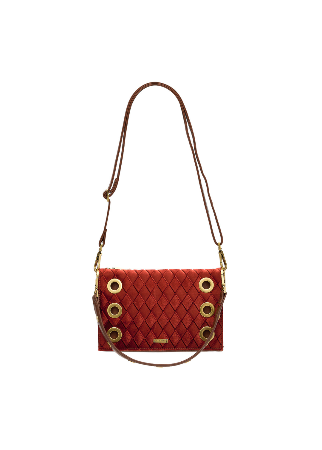 A red velvet and brown leather purse with gold accents on a white background