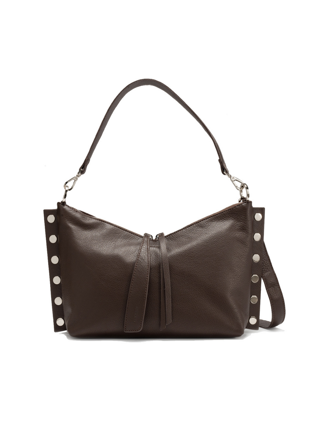 Dark brown purse with silver accents on a white background