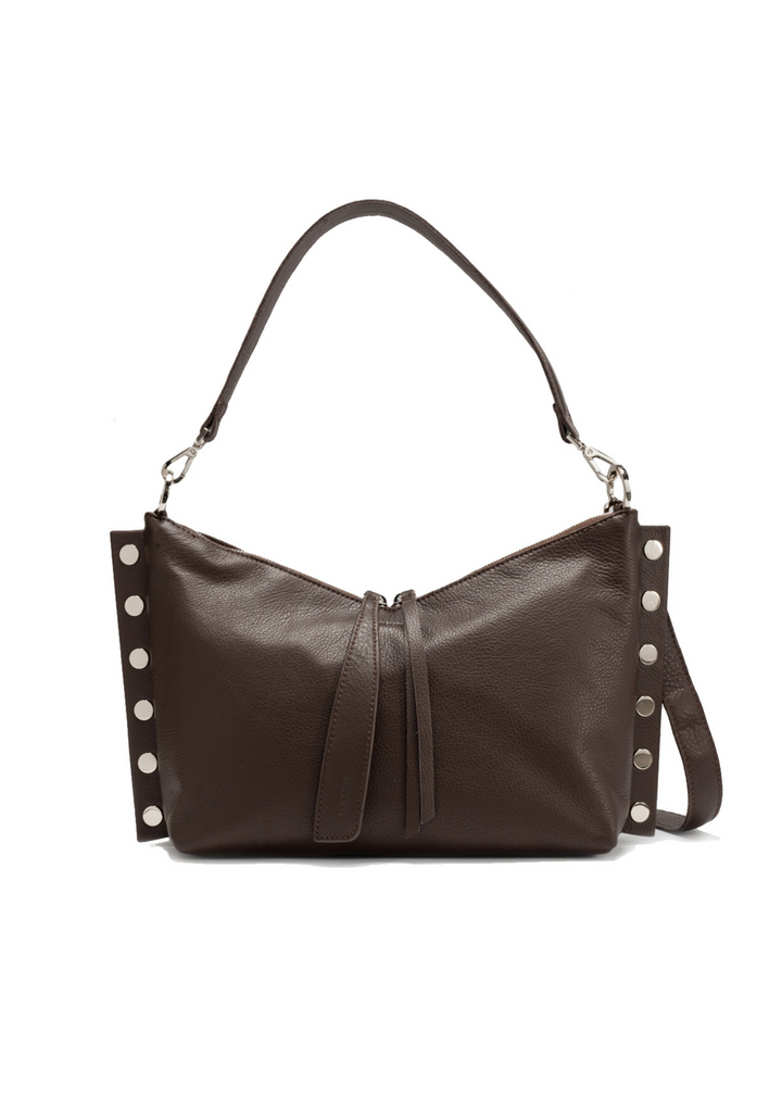 Dark brown purse with silver accents on a white background