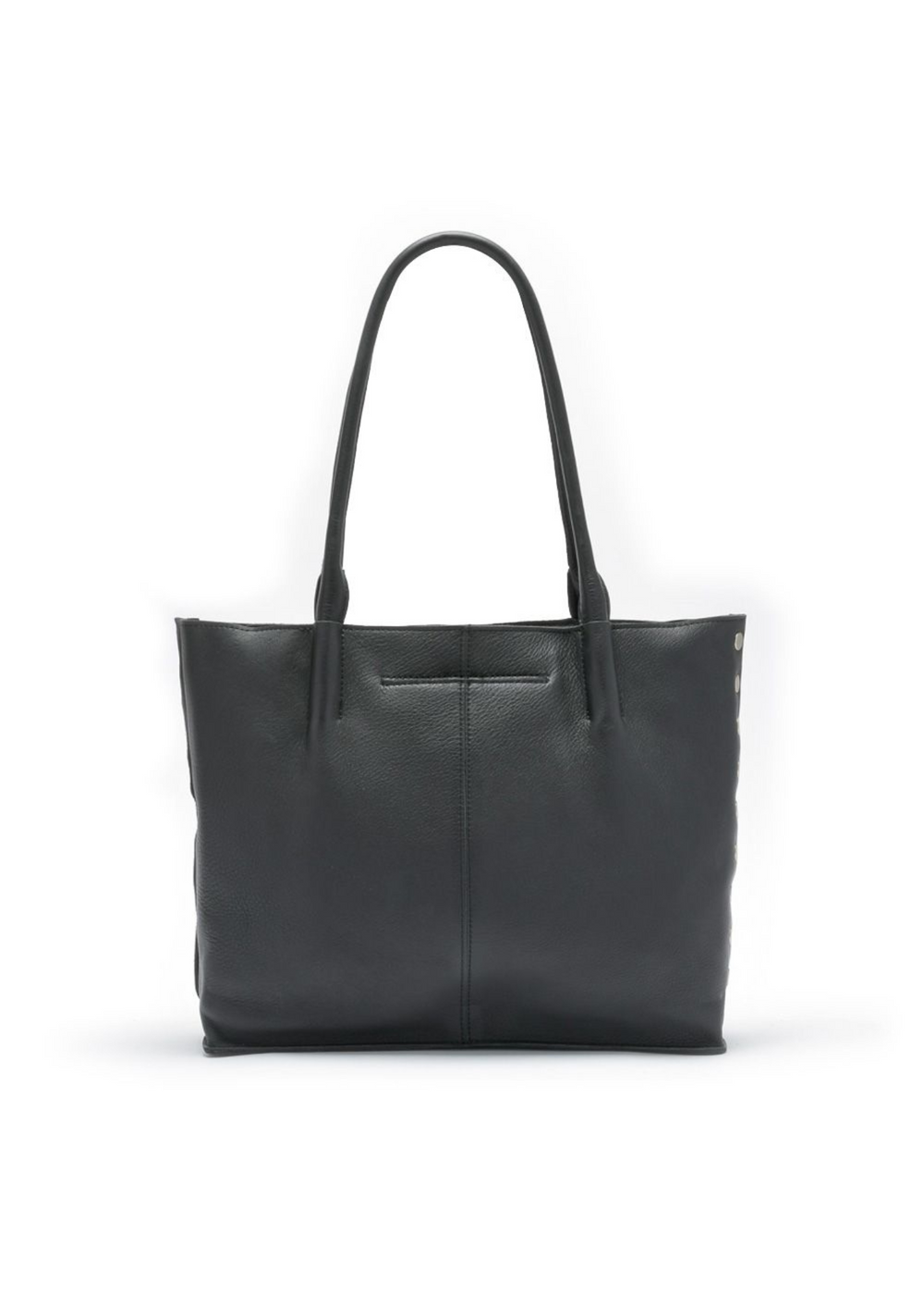 Black leather handbag on a white background