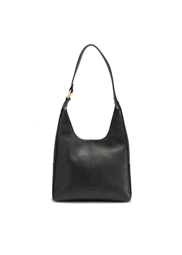 Women's black leather handbag with brushed gold accents